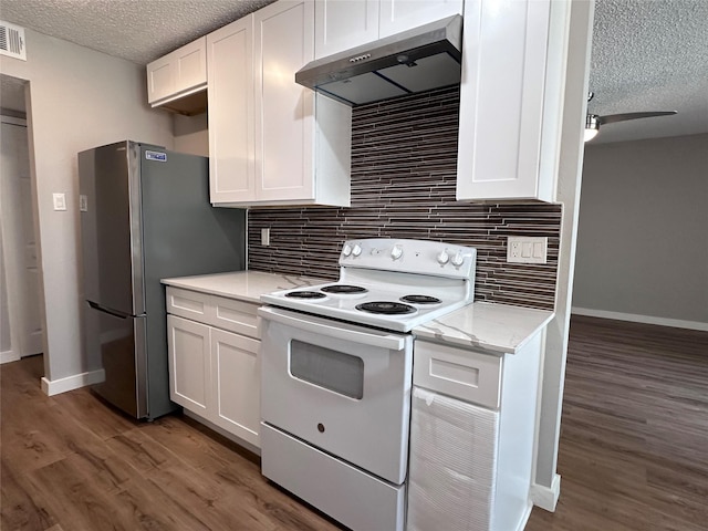 kitchen with white range with electric stovetop, decorative backsplash, white cabinets, and ventilation hood