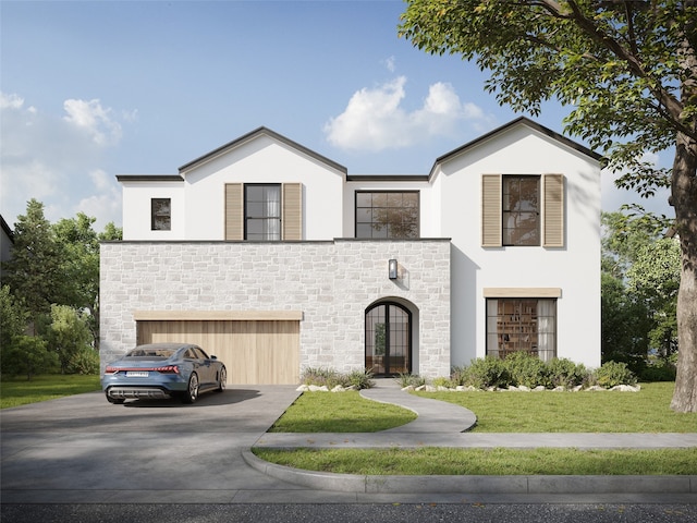 view of front of house featuring a garage, a front yard, and french doors