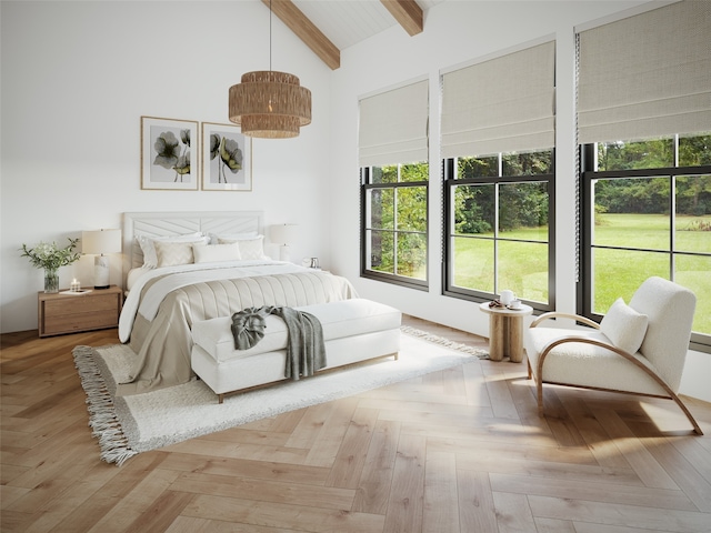 bedroom featuring beamed ceiling, light parquet flooring, and high vaulted ceiling