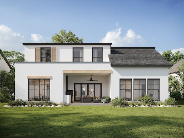 back of house featuring ceiling fan, a yard, and an outdoor living space