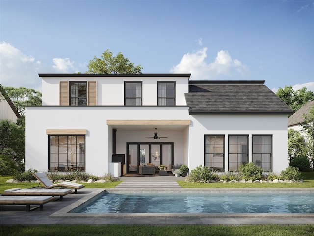 back of house with outdoor lounge area, ceiling fan, and a patio area