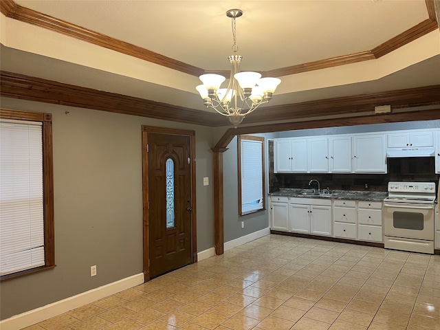 kitchen featuring decorative backsplash, sink, decorative light fixtures, white electric stove, and white cabinetry