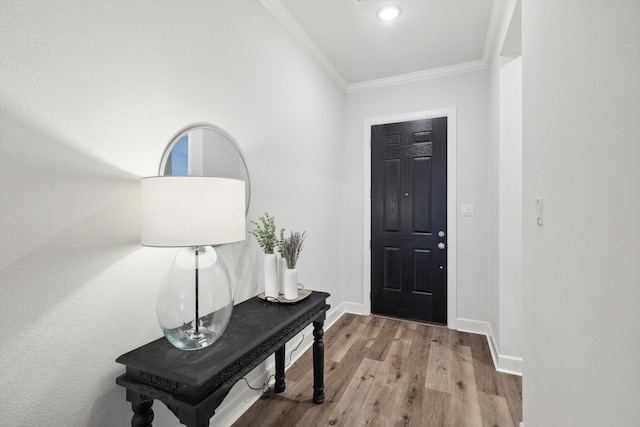 entrance foyer featuring ornamental molding, baseboards, and wood finished floors