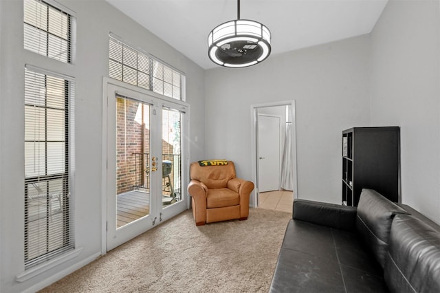 sitting room featuring light carpet