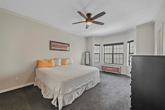 carpeted bedroom with ornamental molding and ceiling fan