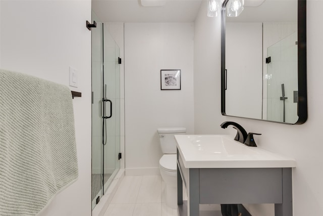 bathroom with vanity, an enclosed shower, tile patterned floors, and toilet