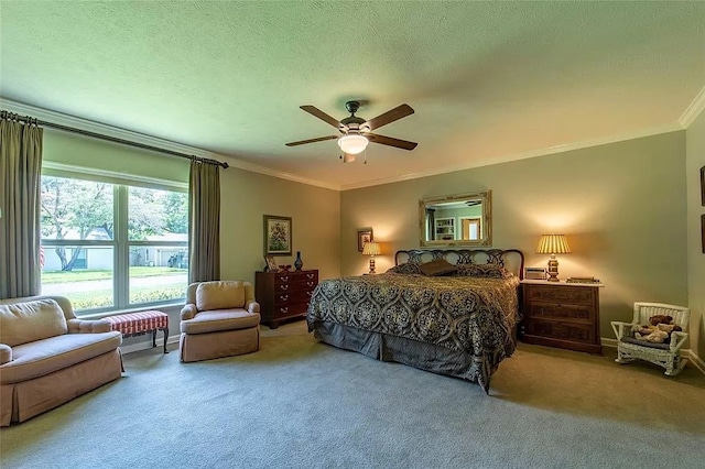 bedroom with ornamental molding, a textured ceiling, carpet flooring, and ceiling fan