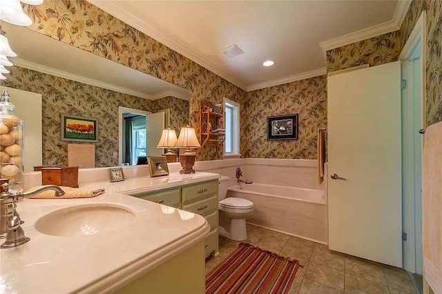 bathroom featuring toilet, ornamental molding, vanity, a tub to relax in, and tile patterned floors