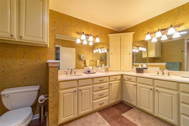 bathroom with vanity, toilet, and crown molding