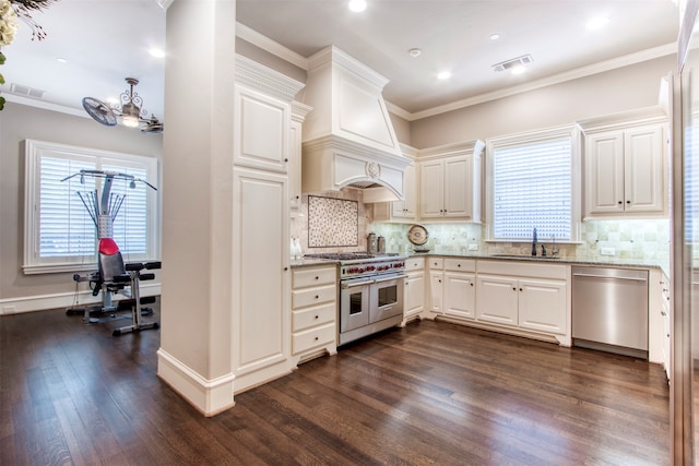 kitchen featuring stainless steel appliances, dark hardwood / wood-style flooring, decorative backsplash, sink, and ornamental molding