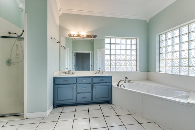 bathroom with independent shower and bath, vanity, tile patterned floors, and ornamental molding