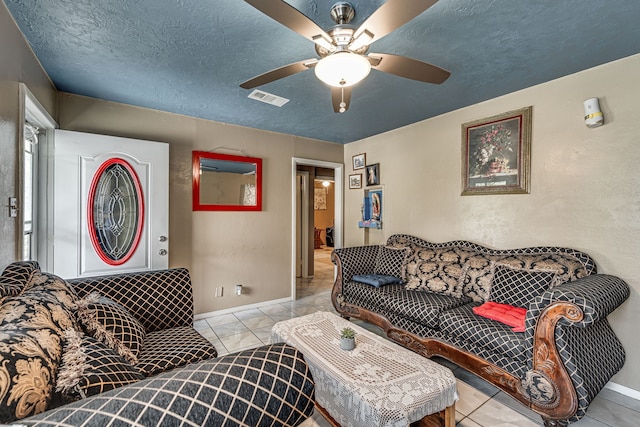 living room featuring a textured ceiling and ceiling fan