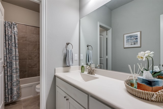 full bathroom featuring toilet, tile patterned floors, shower / bath combo, and vanity