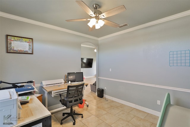 tiled office space featuring ornamental molding and ceiling fan