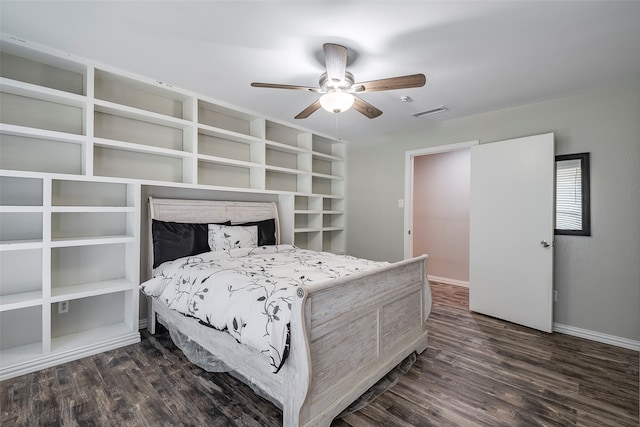 bedroom featuring dark hardwood / wood-style floors and ceiling fan