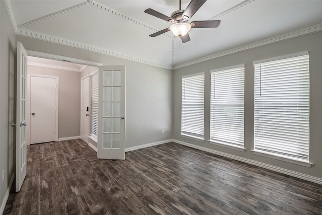 unfurnished room with french doors, a healthy amount of sunlight, ceiling fan, and dark hardwood / wood-style flooring