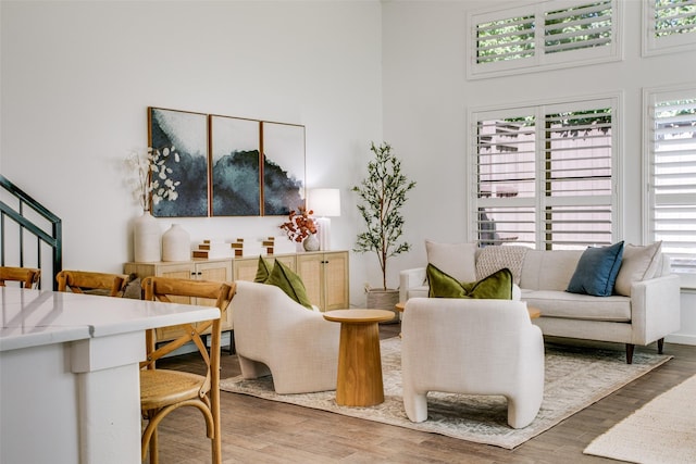 living room with wood-type flooring and a towering ceiling