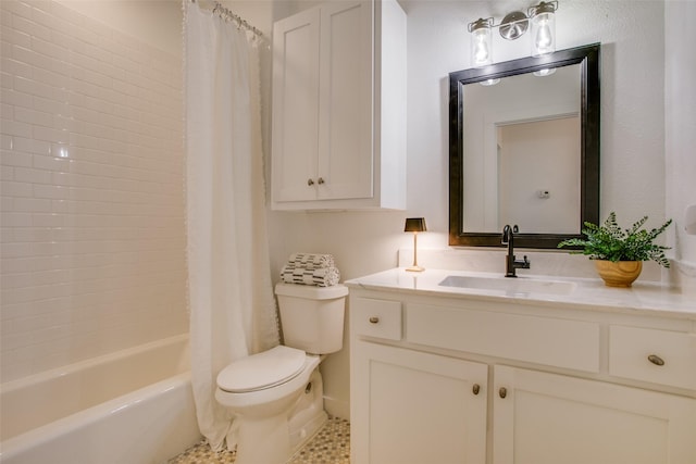 full bathroom with toilet, shower / bathtub combination with curtain, and vanity