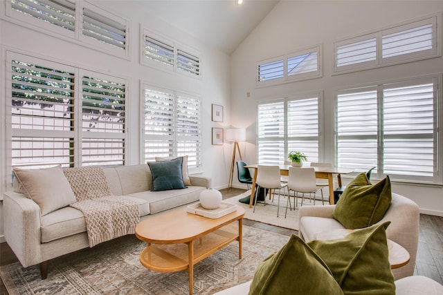 living room featuring wood-type flooring, a healthy amount of sunlight, and high vaulted ceiling