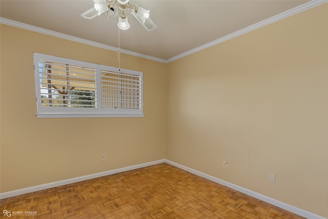 spare room with crown molding, light parquet floors, and ceiling fan