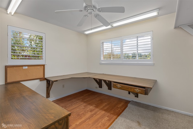 office space with light wood-type flooring and ceiling fan