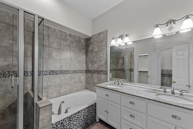 bathroom with vanity and plus walk in shower