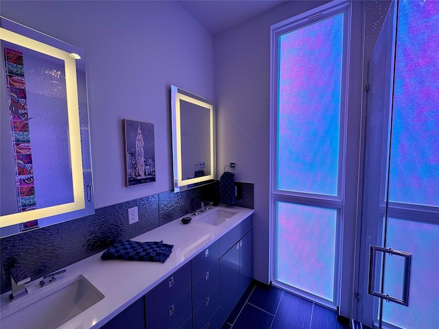 bathroom with vanity and decorative backsplash