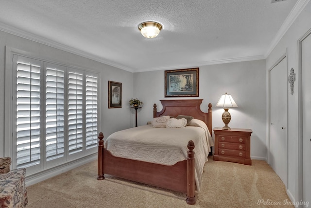 carpeted bedroom featuring a textured ceiling, crown molding, and multiple windows