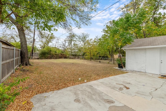 view of yard with a patio area and a storage unit