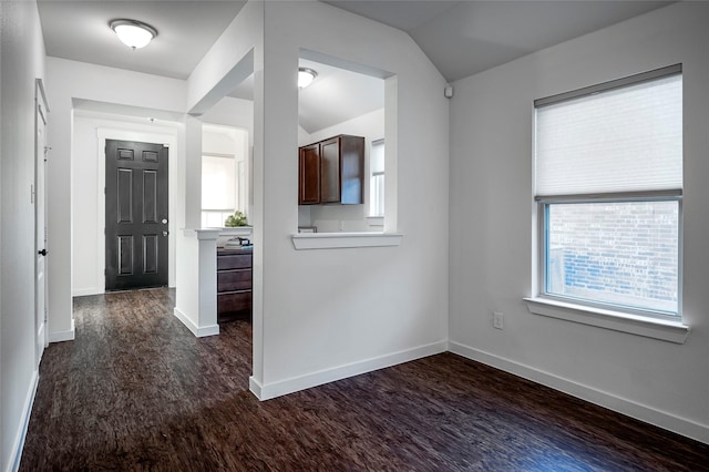 foyer entrance with vaulted ceiling and dark hardwood / wood-style floors