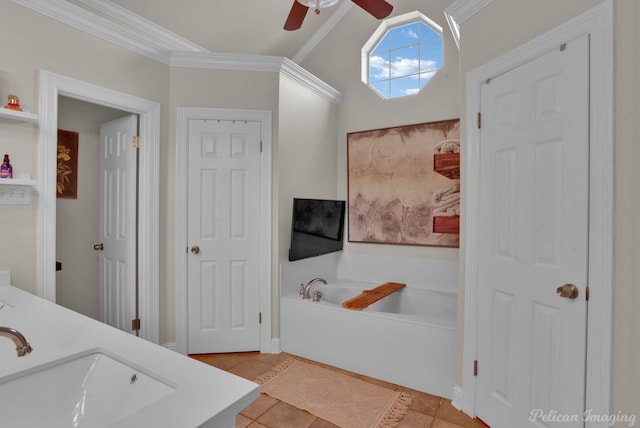 bathroom with crown molding, vaulted ceiling, tile patterned flooring, a washtub, and ceiling fan