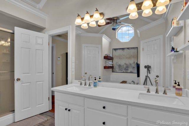 bathroom with tile patterned floors, ceiling fan, crown molding, and vanity