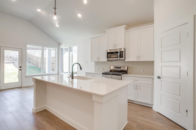 kitchen featuring a center island with sink, sink, appliances with stainless steel finishes, and light hardwood / wood-style flooring