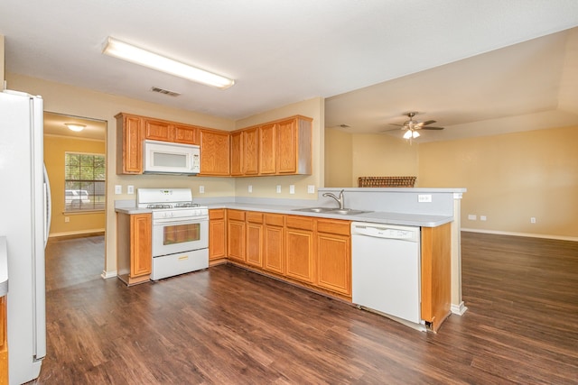 kitchen featuring kitchen peninsula, dark hardwood / wood-style flooring, ceiling fan, sink, and white appliances