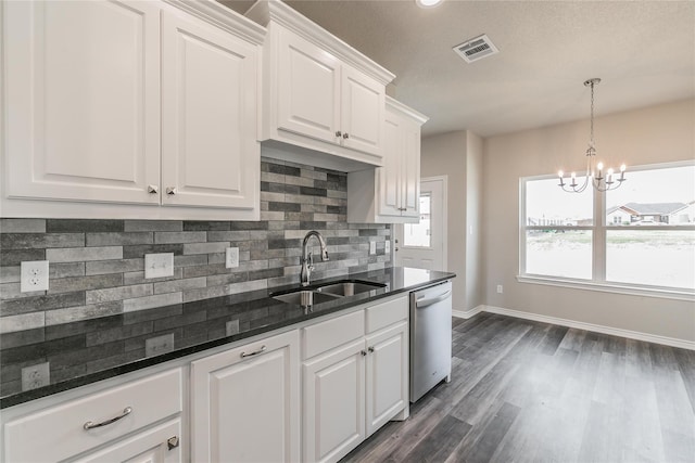 kitchen featuring backsplash, sink, stainless steel dishwasher, white cabinetry, and dark hardwood / wood-style flooring