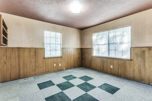 spare room with a textured ceiling and wooden walls