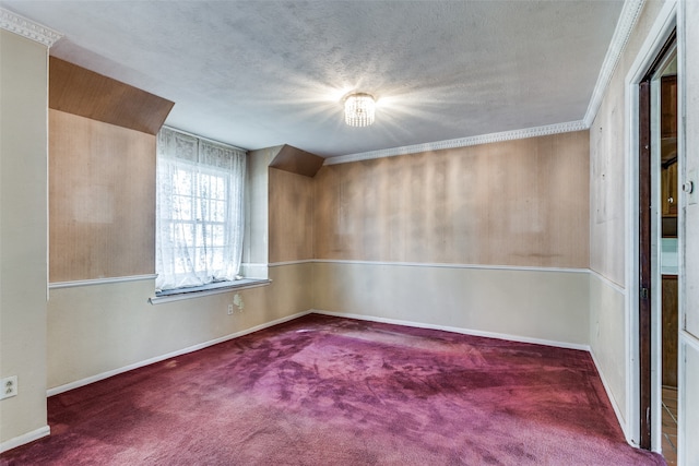 carpeted empty room with ornamental molding and a textured ceiling