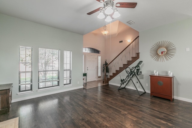 foyer featuring ceiling fan and dark hardwood / wood-style floors