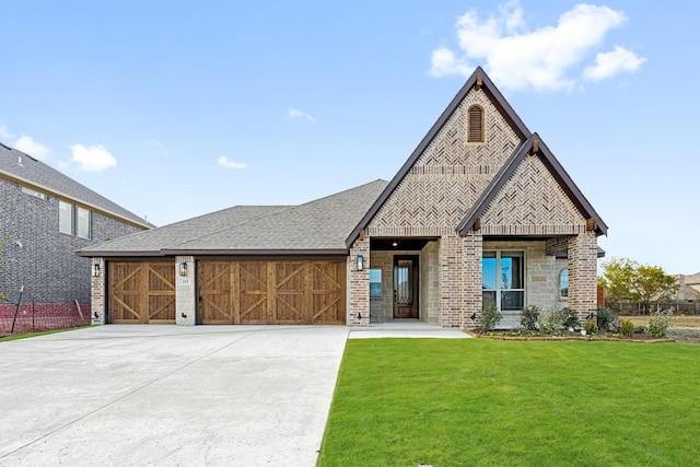 view of front of house with a front yard and a garage