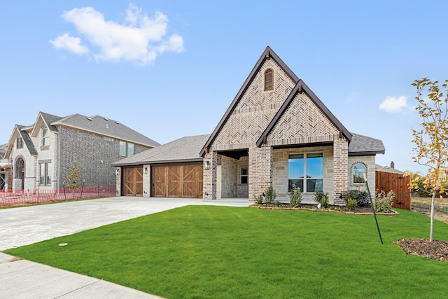 view of front of property featuring a garage and a front lawn