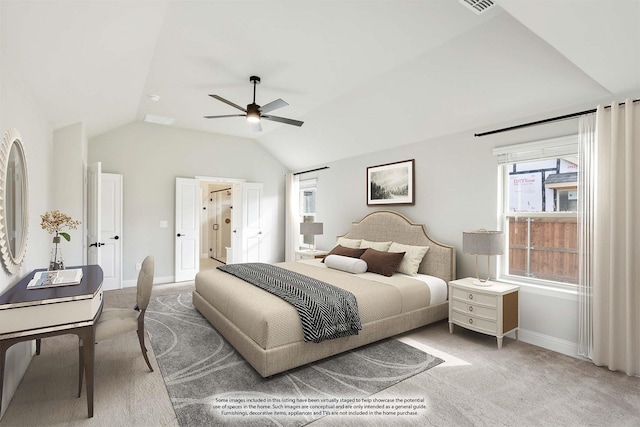 bedroom with light carpet, vaulted ceiling, and ceiling fan