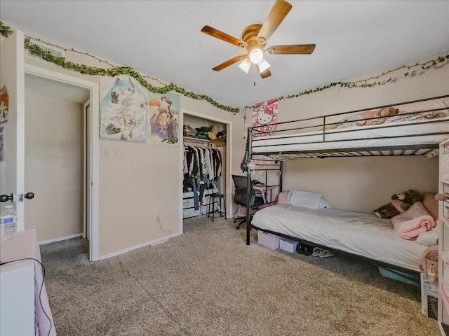 unfurnished bedroom with ceiling fan, a closet, and carpet