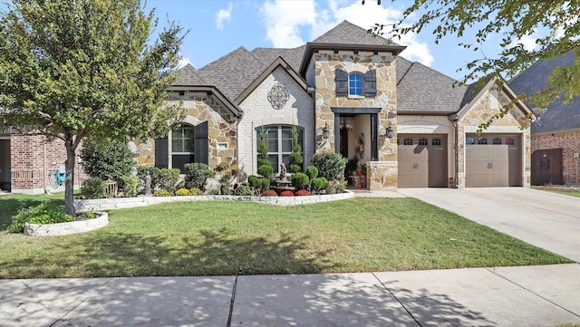 french provincial home featuring a front yard and a garage