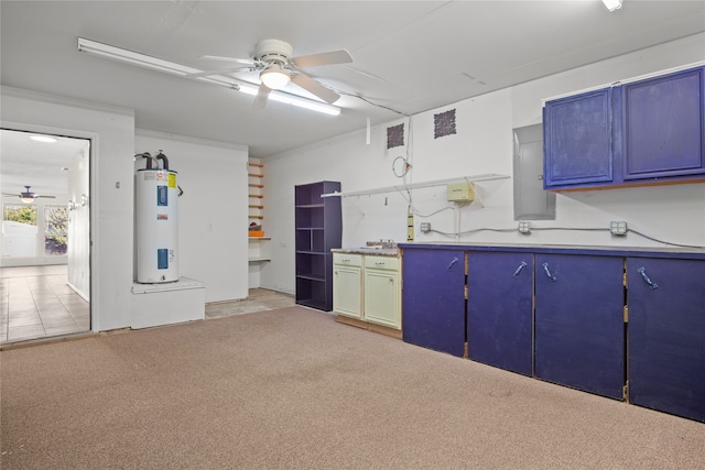 kitchen with light colored carpet, electric water heater, ceiling fan, and blue cabinetry