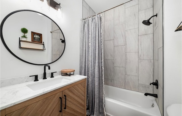 bathroom with vanity and shower / bath combo with shower curtain