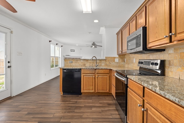 kitchen featuring dark hardwood / wood-style flooring, a wealth of natural light, sink, and stainless steel appliances