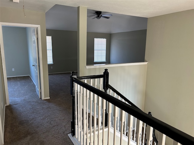 hallway with dark colored carpet