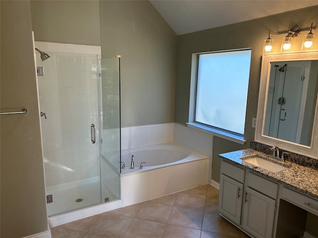 bathroom with vanity, plus walk in shower, and tile patterned floors