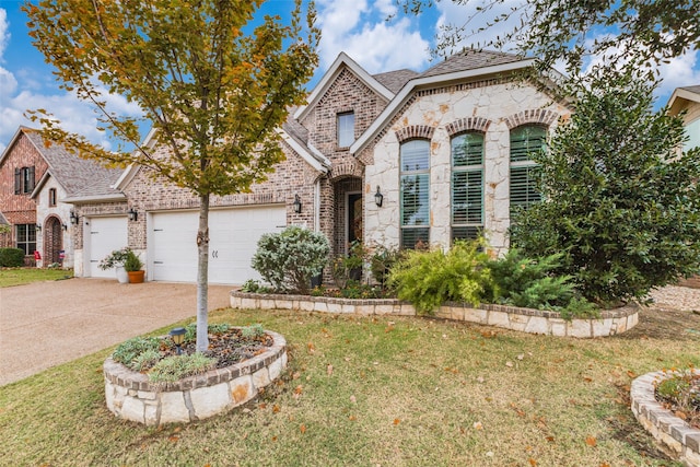 view of front facade featuring a front lawn and a garage