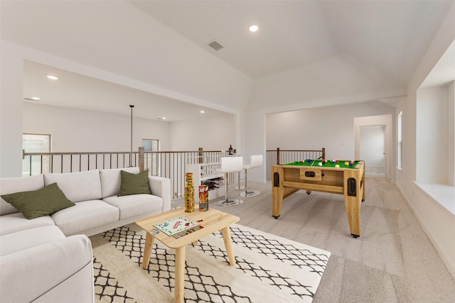 rec room featuring baseboards, visible vents, light colored carpet, and recessed lighting